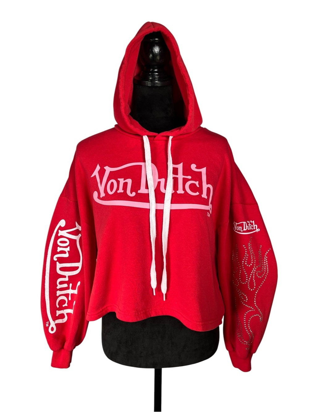 Von Dutch Red Sweatshirt Cropped Logo Hoodie Rhinestone Flame Sleeve Size Medium